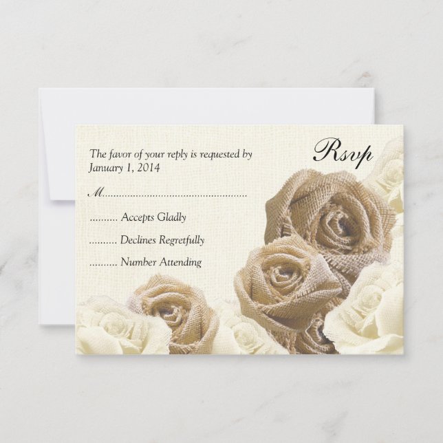 Rustic Burlap Flowers Roses Wedding RSVP Card (Front)
