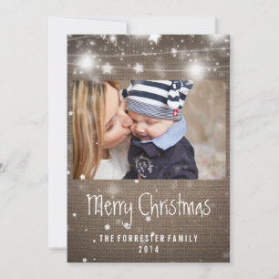 Rustic Burlap Glowing Stars Merry Christmas Photo Holiday Card