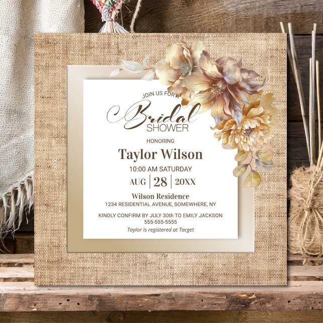 Rustic Burlap Gold Floral Bridal Shower Invitation (Creator Uploaded)