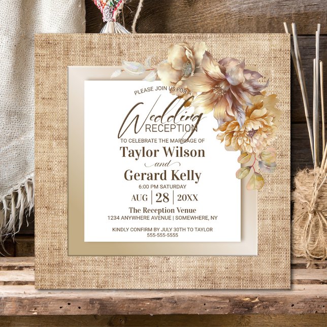 Rustic Burlap Gold Floral Wedding Reception Invitation (Creator Uploaded)
