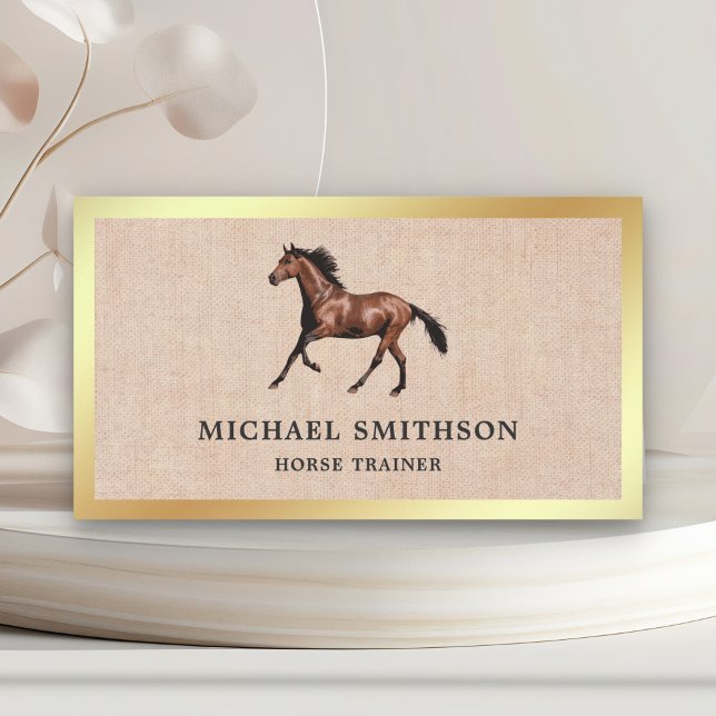 Rustic Burlap Gold Foil Horse Riding Instructor Business Card (Creator Uploaded)