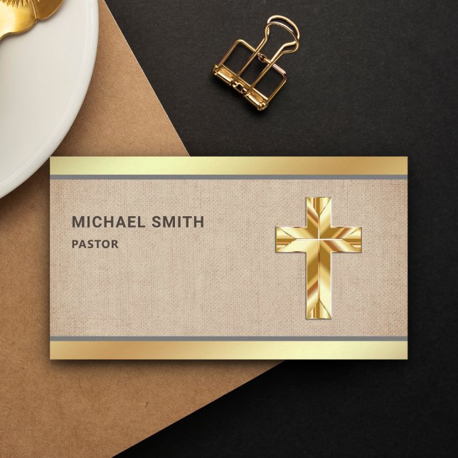 Rustic Burlap Gold Foil Jesus Christ Cross Pastor Business Card (Creator Uploaded)