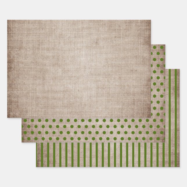 Rustic Burlap Green Polka Dots Stripes Solid Wrapping Paper Sheet (Set)