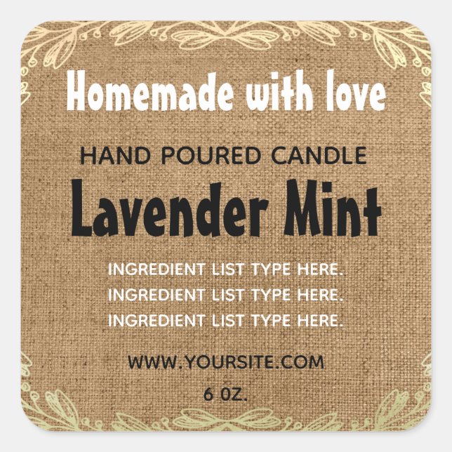 Rustic Burlap Handmade with Love Candle Label (Front)