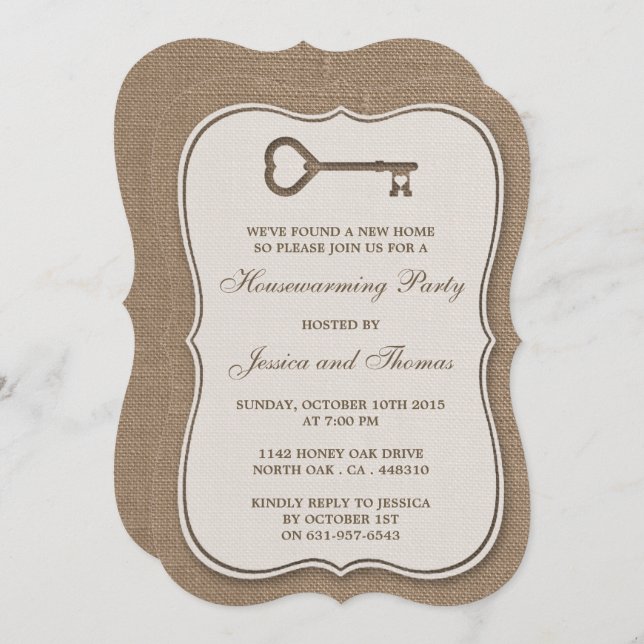 Rustic Burlap Heart Key New Home Housewarming Invitation (Front/Back)