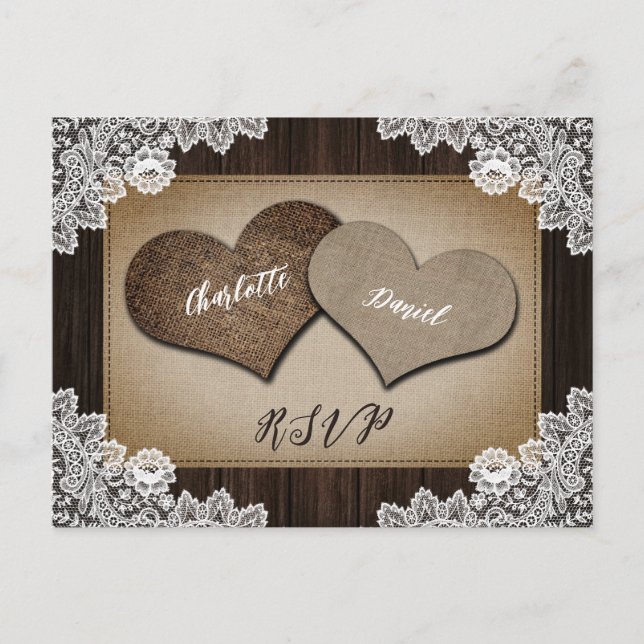 Rustic Burlap Hearts RSVP Postcard Meal Choice (Front)