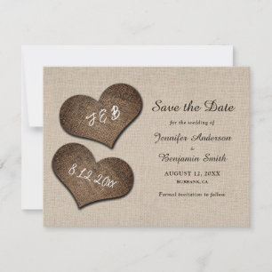 Rustic Burlap Hearts Wedding Save The Date Photo