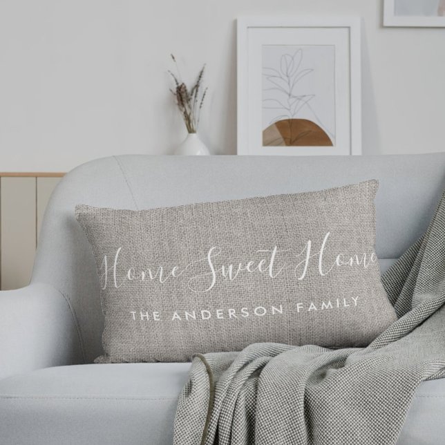 Rustic Burlap Home Sweet Home Custom Family Name Lumbar Cushion (Creator Uploaded)