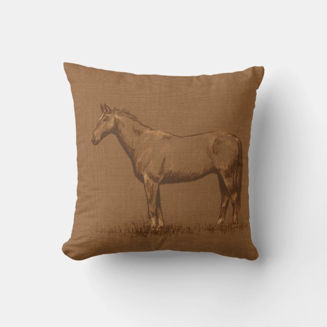 Rustic Burlap Horse Throw Pillow (Front)