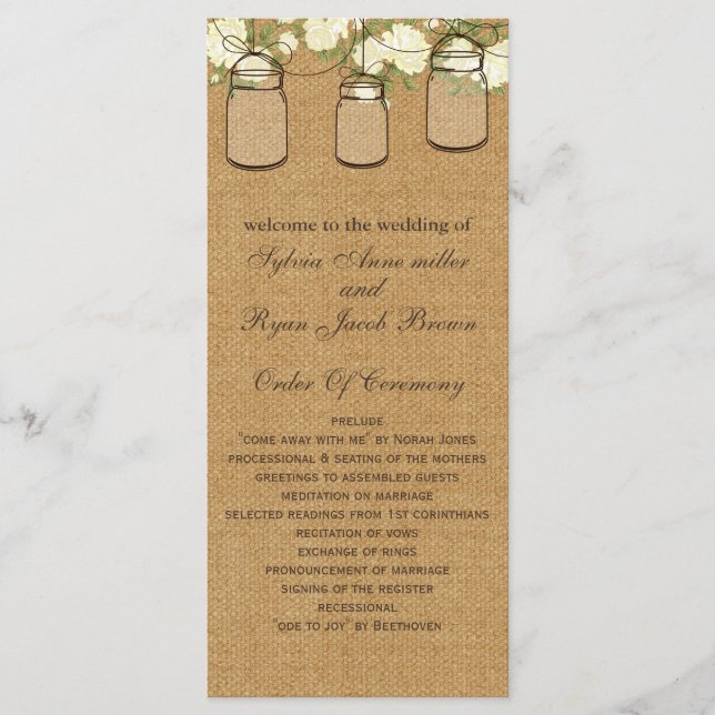 rustic burlap ivory roses mason jars programs programme (Front)