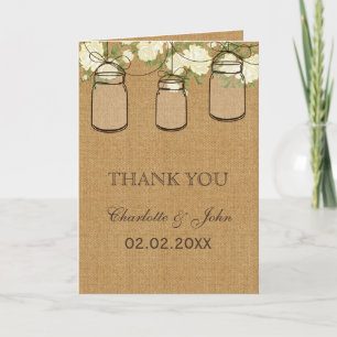 rustic burlap ivory roses mason jars Thank You Card