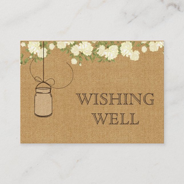 rustic burlap ivory roses mason jars wishing well enclosure card (Front)