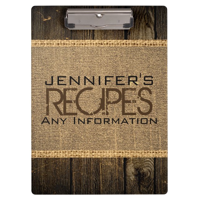 Rustic Burlap Kitchen Cooking Vintage Wood Clipboard (Front)
