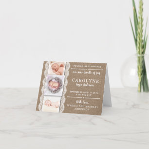 Rustic Burlap & Lace   3 Photo Birth Announcement