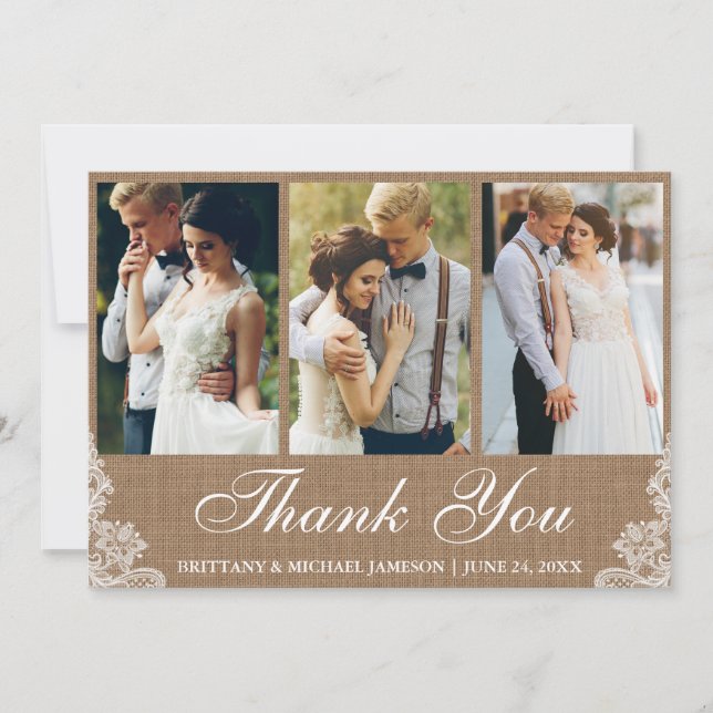 Rustic Burlap Lace 3 Photo Wedding Thank You (Front)