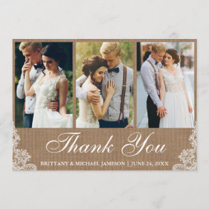 Rustic Burlap Lace 3 Photo Wedding Thank You Card