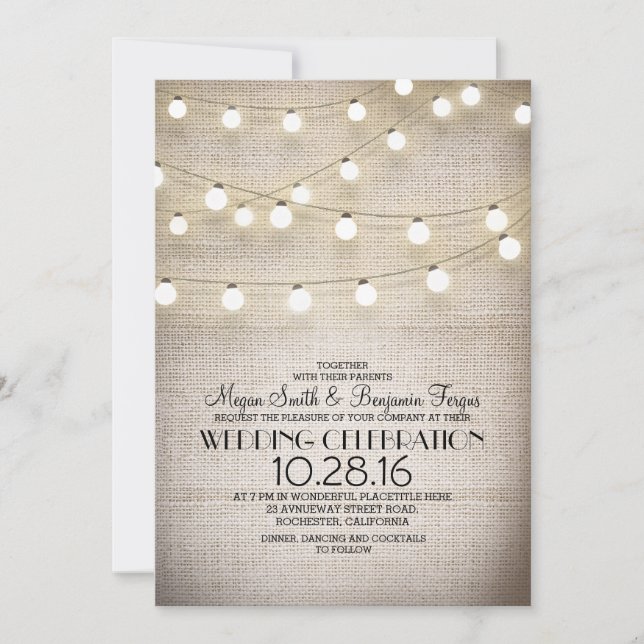 Rustic Burlap Lace and String Lights Wedding Invitation (Front)