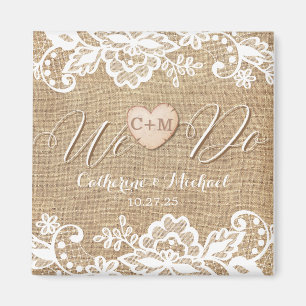 Rustic Burlap Lace and Wood Heart Name Initials  Magnet