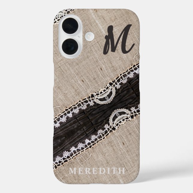 Rustic Burlap Lace Barn Wood Elegance Monogram Case-Mate iPhone Case (Back)