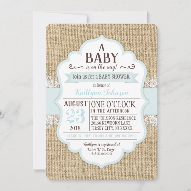 Rustic Burlap Lace Blue Baby Shower Invitation (Front)
