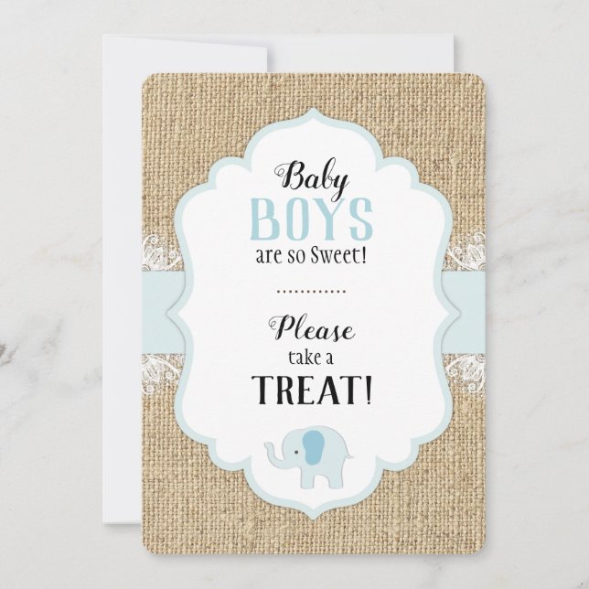 Rustic Burlap Lace Blue Baby Shower Table Sign Invitation (Front)