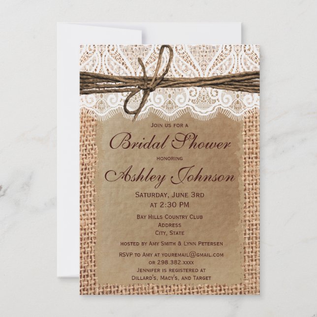 Rustic Burlap Lace Bridal Shower Invitations (Front)