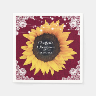 Rustic Burlap Lace Burgundy Sunflower Wedding Napkin