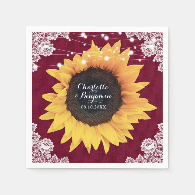 Rustic Burlap Lace Burgundy Sunflower Wedding Napkin (Front)