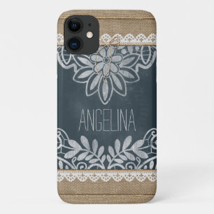 Rustic Burlap Lace Chalkboard Personalised iPhone 11 Case