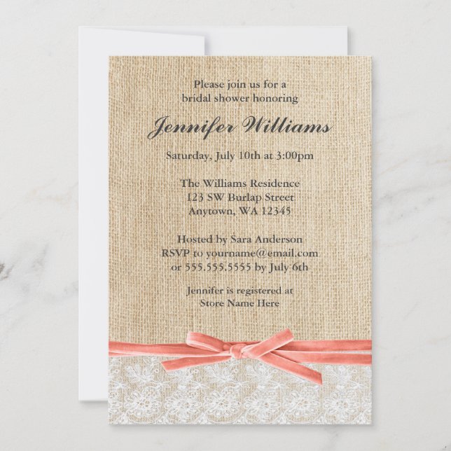 Rustic Burlap Lace Coral Ribbon Bridal Shower Invitation (Front)