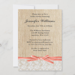 Rustic Burlap Lace Coral Ribbon Bridal Shower Invitation