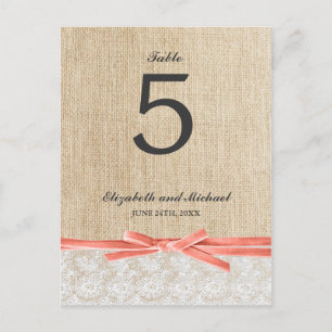 Rustic Burlap Lace Coral Ribbon Table Number Postcard