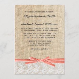 Rustic Burlap Lace Coral Ribbon Wedding Invitation