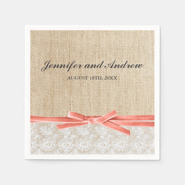 Rustic Burlap Lace Coral Ribbon Wedding Napkin (Front)