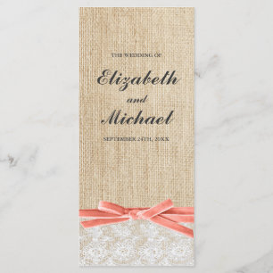 Rustic Burlap Lace Coral Ribbon Wedding Program Programme