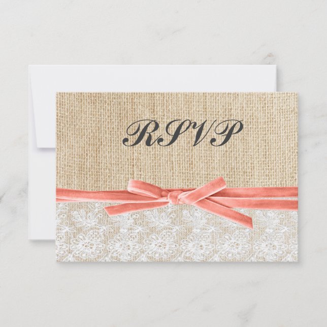Rustic Burlap Lace Coral Ribbon Wedding RSVP (Front)