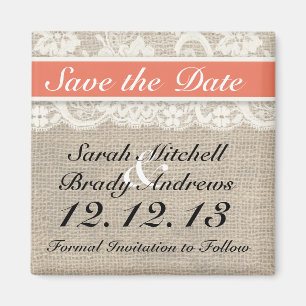 Rustic Burlap Lace Coral Save the Date Magnet