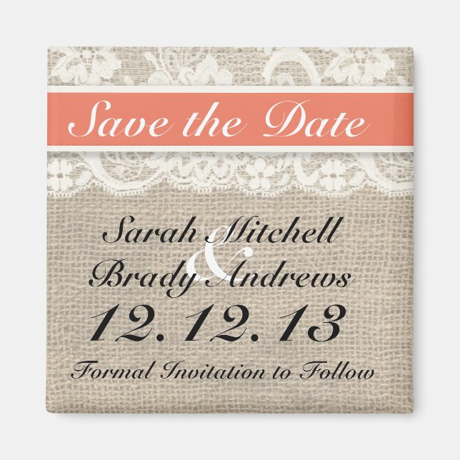 Rustic Burlap Lace Coral Save the Date Magnet (Front)