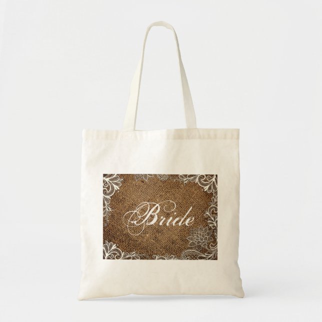 rustic burlap lace country wedding bride tote bag (Front)