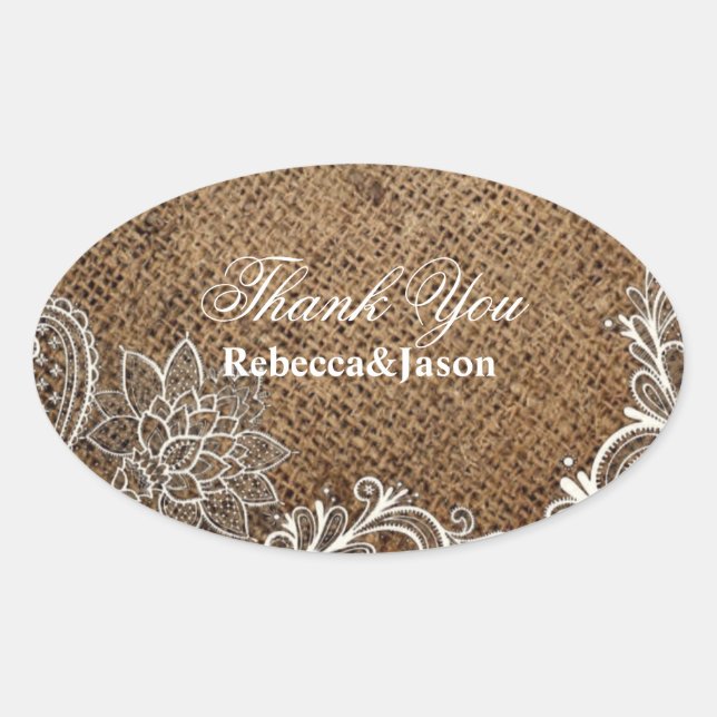 rustic burlap lace country wedding thank you oval sticker (Front)
