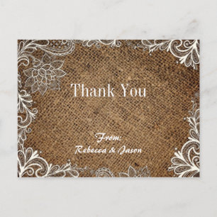 rustic burlap lace country wedding thank you postcard
