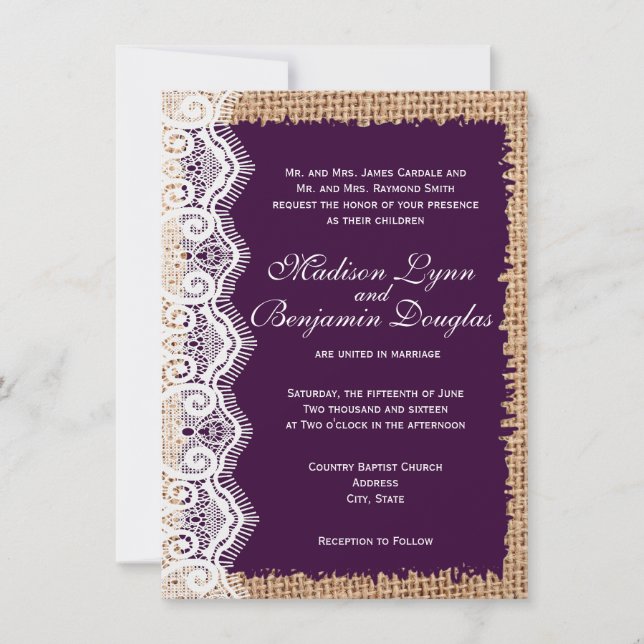 Rustic Burlap Lace Dark Purple Wedding Invitations (Front)