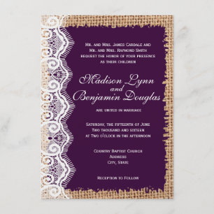 Rustic Burlap Lace Dark Purple Wedding Invitations