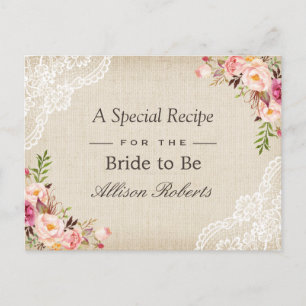 Rustic Burlap Lace Floral Bride To Be Recipe Card