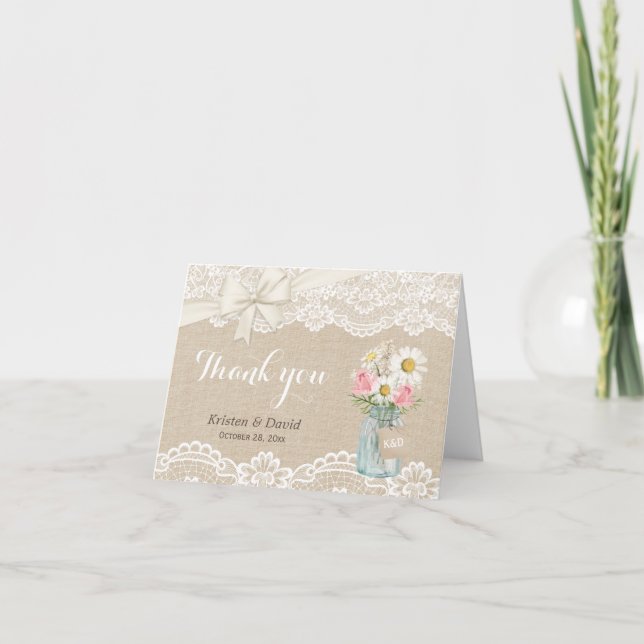 Rustic Burlap Lace Floral Mason Jar Thank You (Front)