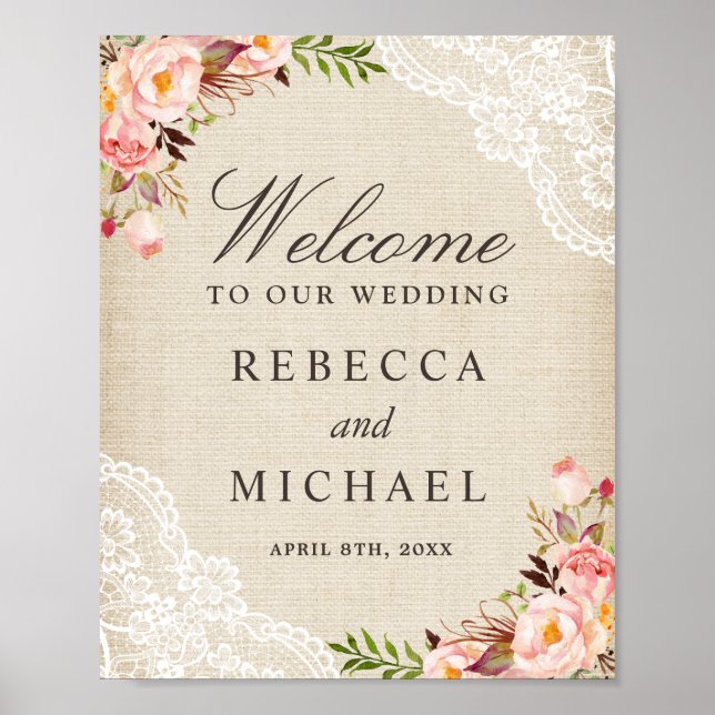 Rustic Burlap Lace Floral Wedding Welcome Sign (Front)