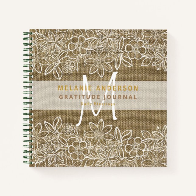 Rustic Burlap Lace Gratitude Thankfulness Journal (Front)