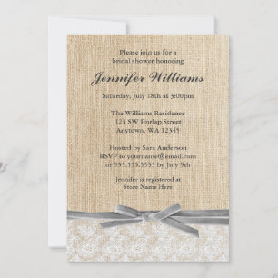 Rustic Burlap Lace Grey Ribbon Bridal Shower Invitation