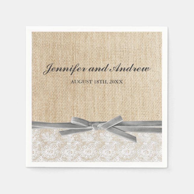 Rustic Burlap Lace Grey Ribbon Wedding Napkin (Front)