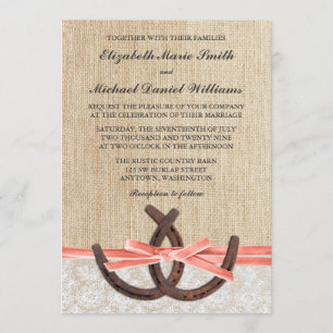 Rustic Burlap Lace Horseshoe Coral Ribbon Wedding Invitation